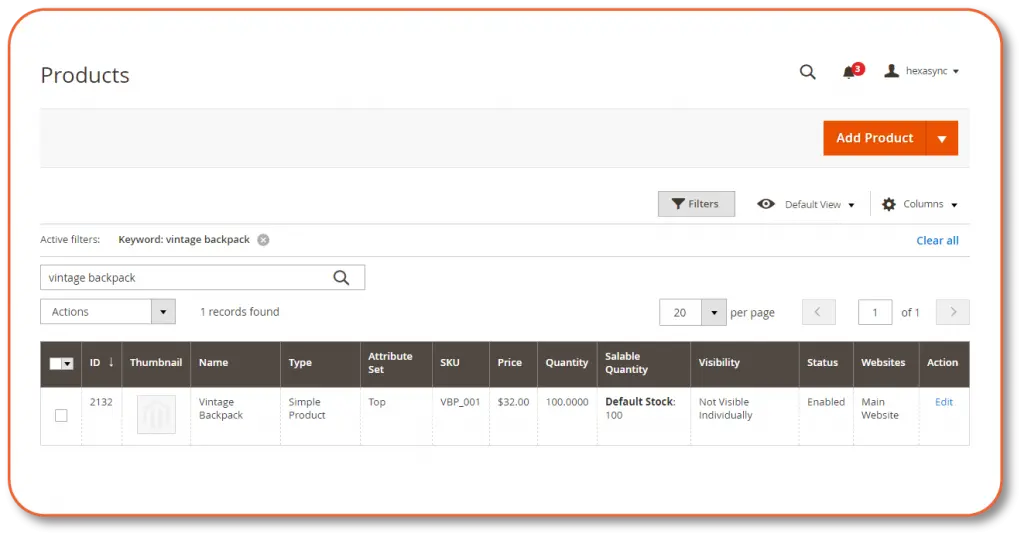 product catalog in magento admin