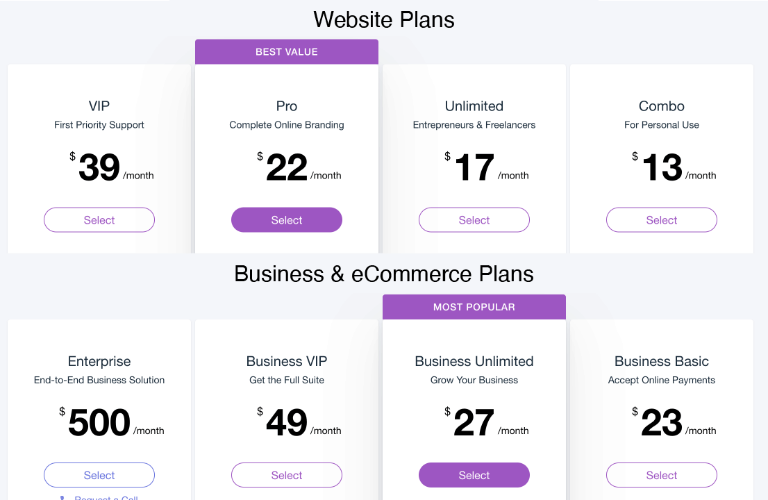 Wix’s pricing plan 