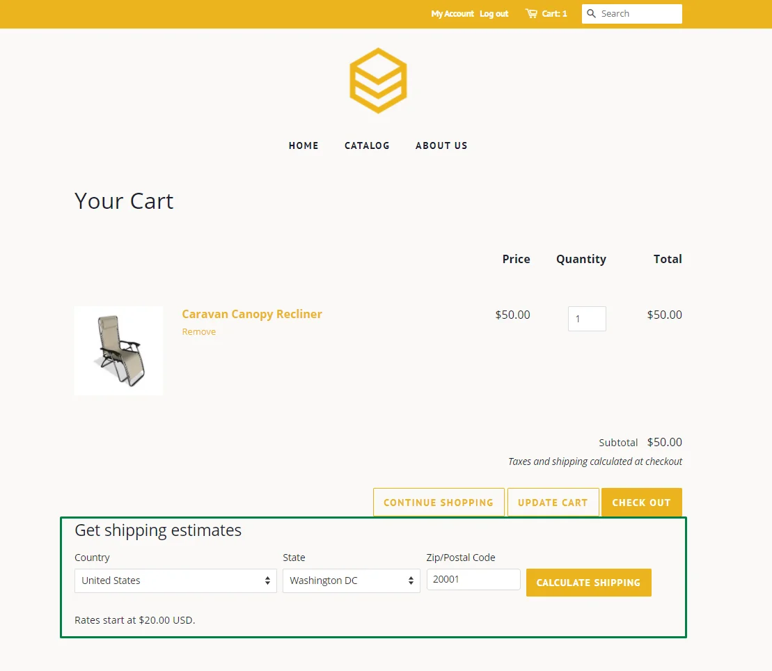view Shipping rate calculator at store front