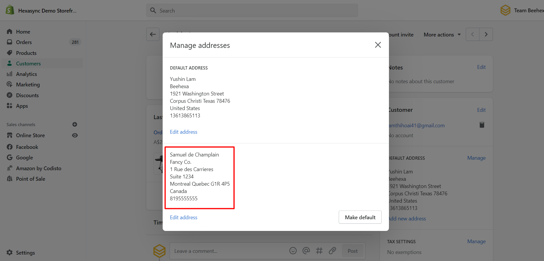 create a new address for a customer using Postman