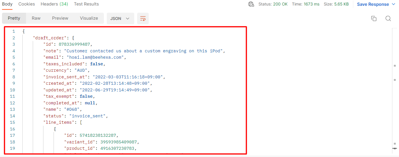 Shopify API - How to add a note to a draft order using Postman_response